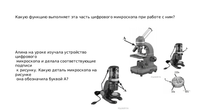 Какую функцию выполняет эта часть цифрового микроскопа при работе с ним? Алина на уроке изучала устройство цифрового  микроскопа и делала соответствующие подписи  к рисунку. Какую деталь микроскопа на рисунке  она обозначила буквой А? 