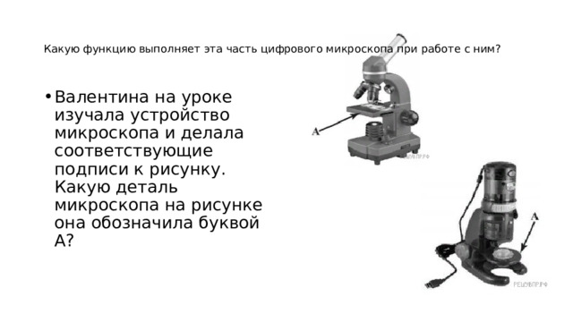 Какую функцию выполняет эта часть цифрового микроскопа при работе с ним? Валентина на уроке изучала устройство микроскопа и делала соответствующие подписи к рисунку. Какую деталь микроскопа на рисунке она обозначила буквой А? 