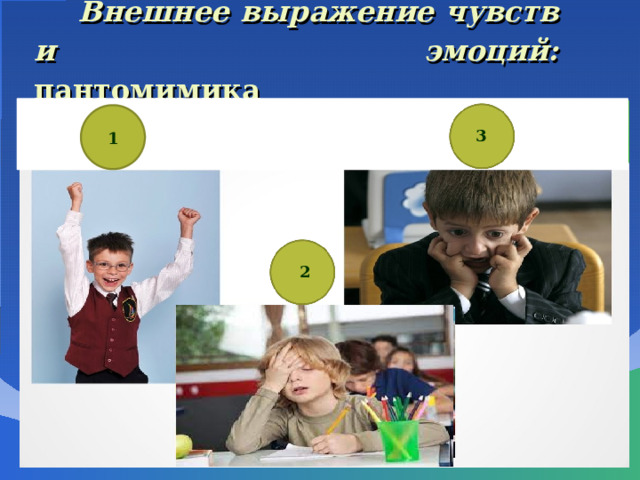   Внешнее выражение чувств и эмоций:  пантомимика    1 3 2 