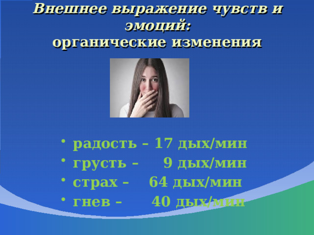 Внешнее выражение чувств и эмоций:  органические изменения радость – 17 дых/мин грусть – 9 дых/мин страх – 64 дых/мин гнев – 40 дых/мин 