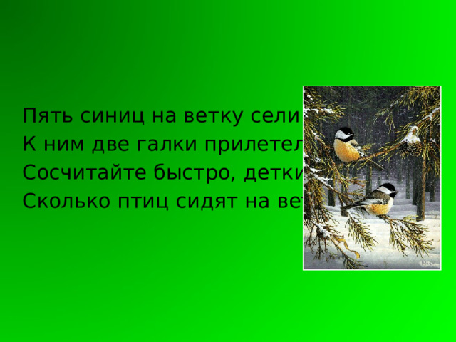Пять синиц на ветку сели К ним две галки прилетели Сосчитайте быстро, детки, Сколько птиц сидят на ветке? 
