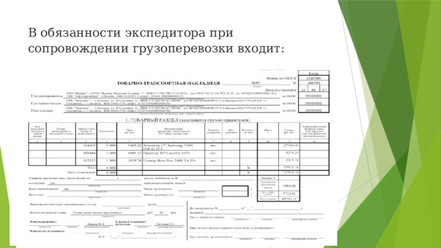В обязанности экспедитора при сопровождении грузоперевозки входит:   