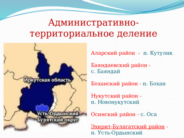 Административно-территориальное деление Аларский район  - п. Кутулик Баяндаевский район - с. Баяндай Боханский район - п. Бохан Нукутский район - п.   Новонукутский Осинский район - с.   Оса Эхирит-Булагатский район  - п.   Усть-Ордынский 