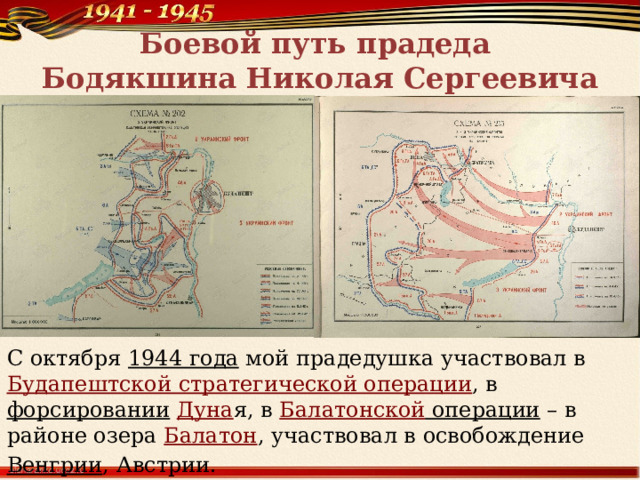 Боевой путь прадеда  Бодякшина Николая Сергеевича С октября  1944 года  мой прадедушка участвовал в  Будапештской стратегической операции , в форсировании   Дуна я, в  Балатонской операции – в районе озера  Балатон , участвовал в освобождение  Венгрии , Австрии. 