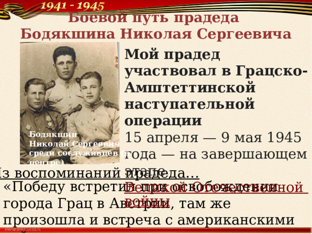 Боевой путь прадеда  Бодякшина Николая Сергеевича Мой прадед участвовал в Грацско-Амштеттинской наступательной операции   15 апреля — 9 мая 1945 года — на завершающем этапе  Великой Отечественной войны . Бодякшин Николай Сергеевич среди сослуживцев (в центре) Из воспоминаний прадеда… «Победу встретил при освобождении города Грац в Австрии, там же произошла и встреча с американскими войсками.» 
