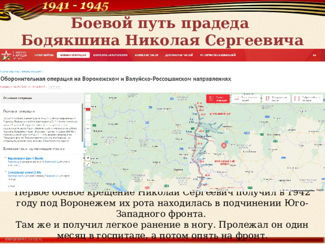 Боевой путь прадеда  Бодякшина Николая Сергеевича Первое боевое крещение Николай Сергеевич получил в 1942 году под Воронежем  их рота находилась в подчинении Юго-Западного фронта.  Там же и получил легкое ранение в ногу. Пролежал он один месяц в госпитале, а потом опять на фронт.   