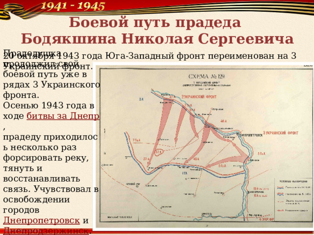 Боевой путь прадеда  Бодякшина Николая Сергеевича 20 октября 1943 года Юга-Западный фронт переименован на 3 Украинский фронт.   Прадедушка продолжил свой боевой путь уже в рядах 3 Украинского фронта.  Осенью 1943 года в ходе  битвы за Днепр , прадеду приходилось несколько раз форсировать реку, тянуть и восстанавливать связь. Учувствовал в освобождении городов  Днепропетровск  и  Днепродзержинск .   