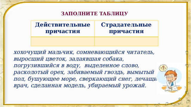 ЗАПОЛНИТЕ ТАБЛИЦУ Действительные причастия Страдательные причастия хохочущий мальчик, сомневающийся читатель, выросший цветок, залаявшая собака, погрузившийся в воду,  выделенное слово, расколотый орех, забиваемый гвоздь, вымытый пол, бушующее море, сверкающий снег, лечащий врач, сделанная модель, убираемый урожай. 