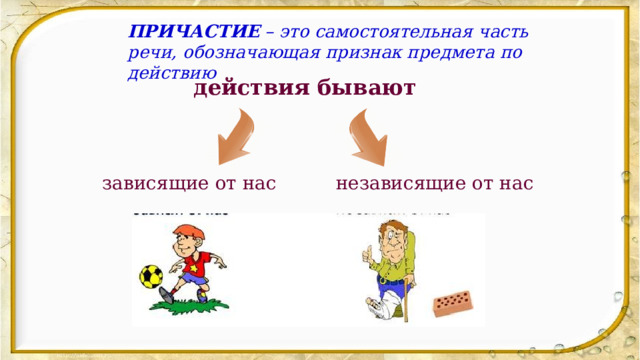 ПРИЧАСТИЕ – это самостоятельная часть речи, обозначающая признак предмета по действию   действия бывают   зависящие от нас независящие от нас 