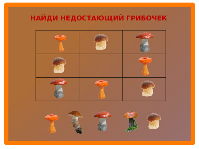 НАЙДИ НЕДОСТАЮЩИЙ ГРИБОЧЕК  