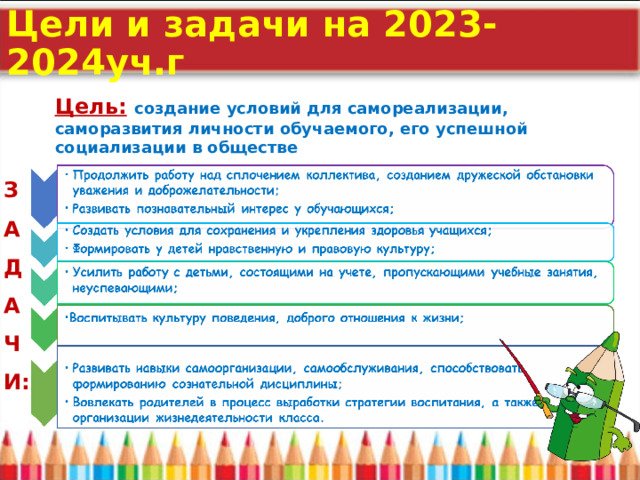 З А Д А Ч И : Цели и задачи на 2023-2024уч.г Цель:  создание условий для самореализации, саморазвития личности обучаемого, его успешной социализации в обществе  