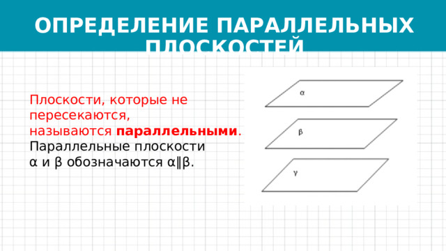 ОПРЕДЕЛЕНИЕ ПАРАЛЛЕЛЬНЫХ ПЛОСКОСТЕЙ Плоскости, которые не пересекаются, называются  параллельными . Параллельные плоскости α и β обозначаются α∥β. 