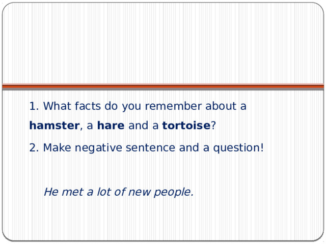 1. What facts do you remember about a hamster , a hare and a tortoise ? 2. Make negative sentence and a question!  He met a lot of new people. 