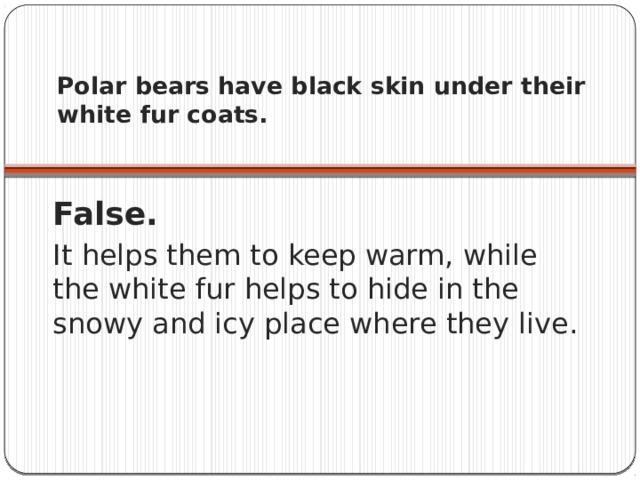 Polar bears have black skin under their white fur coats.   False. It helps them to keep warm, while the white fur helps to hide in the snowy and icy place where they live. 