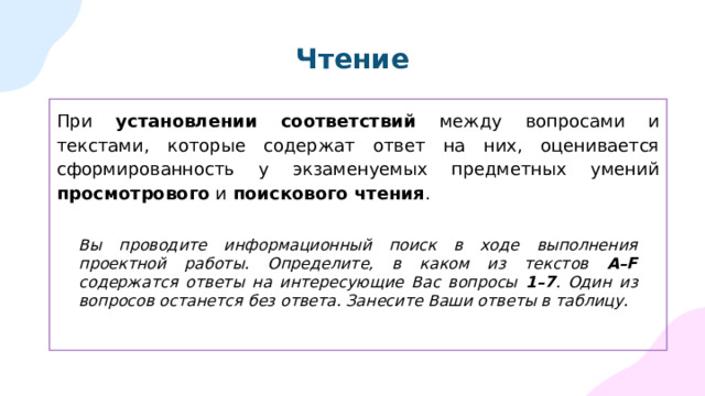 Чтение При установлении соответствий между вопросами и текстами, которые содержат ответ на них, оценивается сформированность у экзаменуемых предметных умений просмотрового и поискового чтения . Вы проводите информационный поиск в ходе выполнения проектной работы. Определите, в каком из текстов A–F содержатся ответы на интересующие Вас вопросы 1–7 . Один из вопросов останется без ответа. Занесите Ваши ответы в таблицу. 