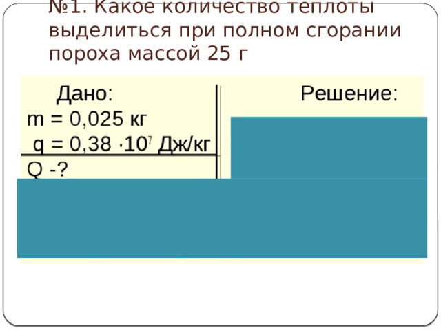 № 1. Какое количество теплоты выделиться при полном сгорании пороха массой 25 г 