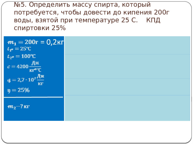 № 5. Определить массу спирта, который потребуется, чтобы довести до кипения 200г воды, взятой при температуре 25 С. КПД спиртовки 25% 
