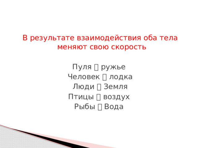 В результате взаимодействия оба тела меняют свою скорость Пуля  ружье Человек  лодка Люди  Земля Птицы  воздух Рыбы  Вода 