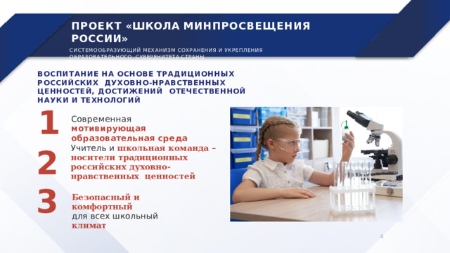 ПРОЕКТ  «ШКОЛА  МИНПРОСВЕЩЕНИЯ  РОССИИ» СИСТЕМООБРАЗУЮЩИЙ  МЕХАНИЗМ  СОХРАНЕНИЯ  И  УКРЕПЛЕНИЯ  ОБРАЗОВАТЕЛЬНОГО  СУВЕРЕНИТЕТА  СТРАНЫ ВОСПИТАНИЕ  НА  ОСНОВЕ  ТРАДИЦИОННЫХ  РОССИЙСКИХ  ДУХОВНО-НРАВСТВЕННЫХ ЦЕННОСТЕЙ, ДОСТИЖЕНИЙ  ОТЕЧЕСТВЕННОЙ  НАУКИ  И  ТЕХНОЛОГИЙ 1 2 3 С о в р е м е н н а я  м о т ивир у ю щая образовательная  среда У ч итель  и  школьна я  команда  – носители традиционных  российских  духовно-нравственных  ценностей Безопасный  и  комфортный д ля  вс е х  ш ко ль н ы й  климат 4 