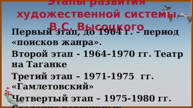 Этапы развития художественной системы В.С. Высоцкого Первый этап, до 1964 г. – период «поисков жанра». Второй этап - 1964–1970 гг. Театр на Таганке Третий этап – 1971-1975 гг. «Гамлетовский» Четвертый этап – 1975-1980 гг. Создание вершинных произведений лирики 