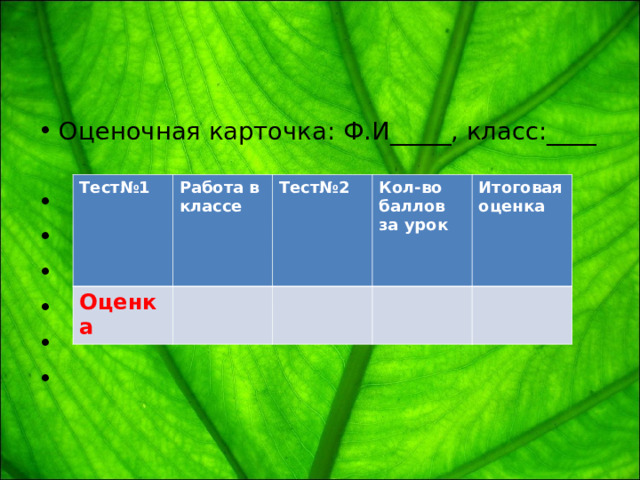 Оценочная карточка: Ф.И_____, класс:____               Тест№1  Работа в классе  Оценка Тест№2  Кол-во баллов за урок  Итоговая оценка  