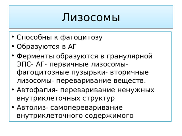 Лизосомы Способны к фагоцитозу Образуются в АГ Ферменты образуются в гранулярной ЭПС- АГ- первичные лизосомы- фагоцитозные пузырьки- вторичные лизосомы- переваривание веществ. Автофагия- переваривание ненужных внутриклеточных структур Автолиз- самопереваривание внутриклеточного содержимого 