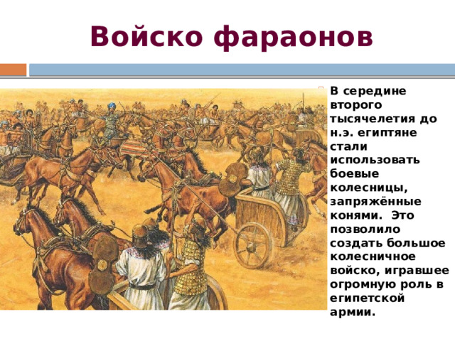 Войско фараонов В середине второго тысячелетия до н.э. египтяне стали использовать боевые колесницы, запряжённые конями. Это позволило создать большое колесничное войско, игравшее огромную роль в египетской армии. 