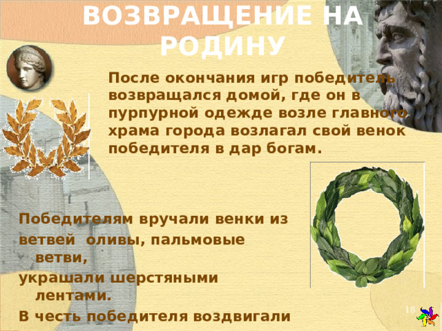 ВОЗВРАЩЕНИЕ НА РОДИНУ После окончания игр победитель возвращался домой, где он в пурпурной одежде возле главного храма города возлагал свой венок победителя в дар богам.     Победителям вручали венки из ветвей оливы, пальмовые ветви, украшали шерстяными лентами. В честь победителя воздвигали статуи.  