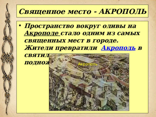 Священное место - АКРОПОЛЬ Пространство вокруг оливы на  Акрополе  стало одним из самых священных мест в городе. Жители превратили  Акрополь  в святилище, а сами заселили подножие холма. Акрополь 