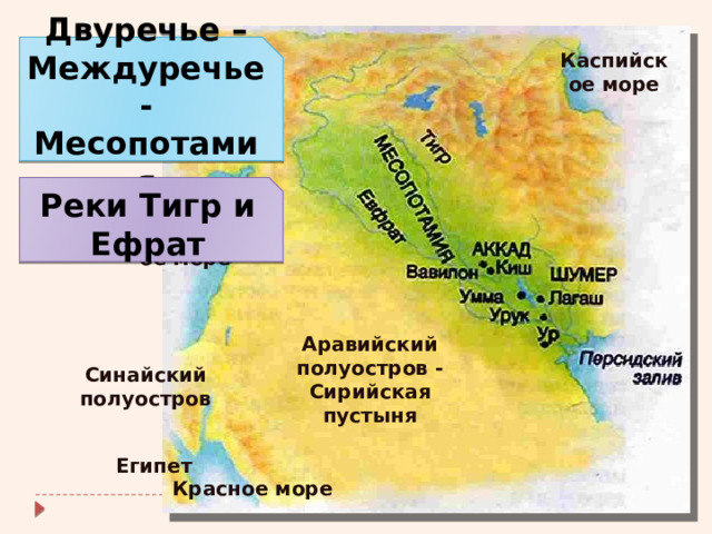 Двуречье – Междуречье - Месопотамия Каспийское море Реки Тигр и Ефрат Средиземное море Синайский полуостров Аравийский полуостров - Сирийская пустыня Египет Красное море 