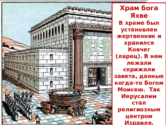 Храм бога Яхве В храме был установлен жертвенник и хранился Ковчег (ларец). В нем лежали скрижали завета, данные когда-то Богом Моисею. Так Иерусалим стал религиозным центром Израиля, хранилищем еврейских святынь . 