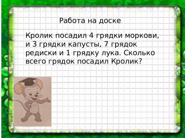 Работа на доске Кролик посадил 4 грядки моркови, и 3 грядки капусты, 7 грядок редиски и 1 грядку лука. Сколько всего грядок посадил Кролик? 
