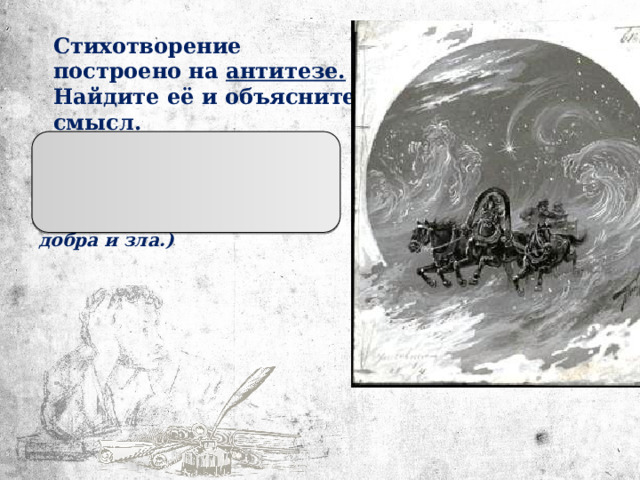 Стихотворение построено на антитезе. Найдите её и объясните смысл. (Бесы – люди, ночь мутна – поле чисто. Перед нами стихотворение о вечной борьбе человека и природы, добра и зла.) 