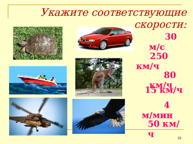 Укажите соответствующие скорости:  30 м / с  250 км / ч  80 км / ч 15 км / ч  4 м / мин 50 км / ч  