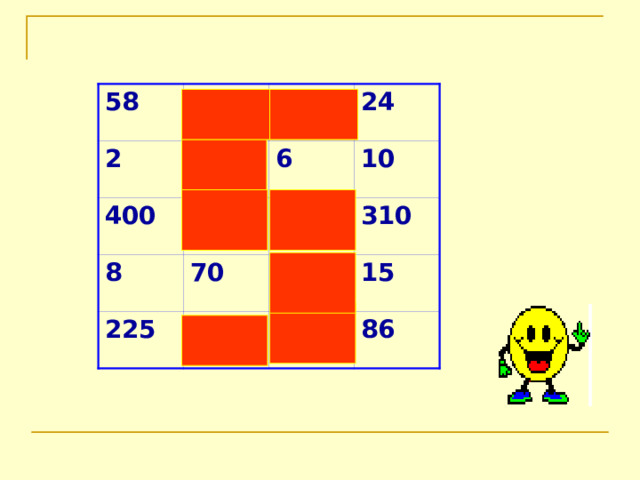 58 2 54 20 4 400 24 6 48 8 225 10 7 70 300 9 310 15 16 86 