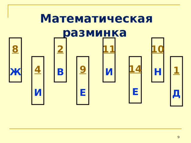 Математическая разминка  10  8  2  11  Ж В И Н 4  1  9  14  Д Е Е И  