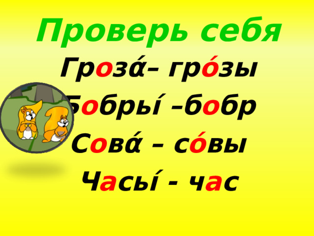 Проверь себя Гр о з ά – гр ό зы Б о брь í –б о бр С о в ά – с ό вы Ч а сь í - ч а с  