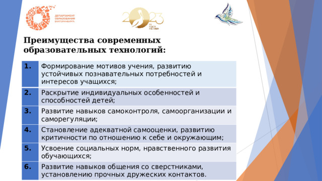 Преимущества современных образовательных технологий: 1. 2. Формирование мотивов учения, развитию устойчивых познавательных потребностей и интересов учащихся; Раскрытие индивидуальных особенностей и способностей детей; 3. Развитие навыков самоконтроля, самоорганизации и саморегуляции; 4. Становление адекватной самооценки, развитию критичности по отношению к себе и окружающим; 5. Усвоение социальных норм, нравственного развития обучающихся; 6. Развитие навыков общения со сверстниками, установлению прочных дружеских контактов. 