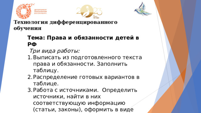 Технология дифференцированного обучения Тема: Права и обязанности детей в РФ  Три вида работы: Выписать из подготовленного текста права и обязанности. Заполнить таблицу. Распределение готовых вариантов в таблице. Работа с источниками. Определить источники, найти в них соответствующую информацию (статьи, законы), оформить в виде таблицы. 