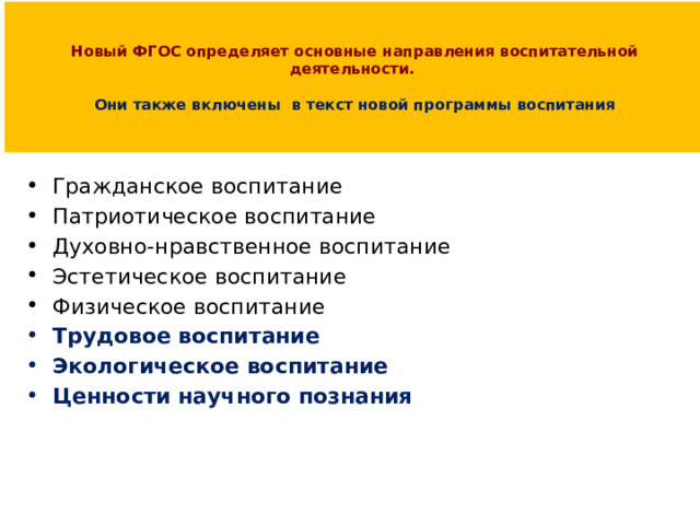   Новый ФГОС определяет основные направления воспитательной деятельности.   Они также включены в текст новой программы воспитания    Гражданское воспитание Патриотическое воспитание Духовно-нравственное воспитание Эстетическое воспитание Физическое воспитание Трудовое воспитание Экологическое воспитание Ценности научного познания 