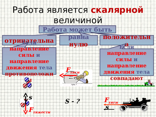 Работа является скалярной величиной Работа может быть положительна отрицательна равна нулю Если направление силы и направление движения тела противоположны Если направление силы и направление движения тела совпадают F тяги s F тяги S - ? s F тяжести 