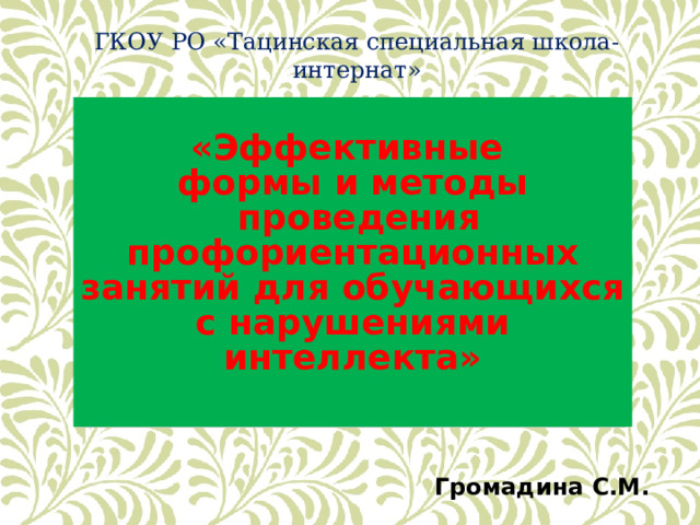 ГКОУ РО «Тацинская специальная школа-интернат»  «Эффективные  формы и методы  проведения профориентационных занятий для обучающихся с нарушениями интеллекта»   Громадина С.М. 