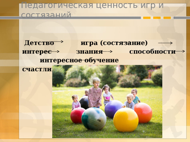 Педагогическая ценность игр и состязаний  Детство игра (состязание) интерес знания способности интересное обучение счастливое детство 