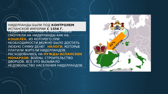 45% налогов Нидерланды были под контролем Испанской Империи с 1556 г. Правители Испании и наместники смотрели на Нидерланды как на кошелёк , из которого при необходимости можно было достать любую сумму денег. Налоги , которые платили жители Нидерландов, расходовались на нужды  испанских монархов , войны, строительство дворцов. Всё это вызывало недовольство населения Нидерландов. 