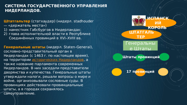 Система государственного управления Нидерландов. Испанский король Штатгальтер (статхаудер) (нидерл. stadhouder — «держатель места») наместник Габсбургов в Нидерландах; глава исполнительной власти в Республике Соединённых провинций в XVI–XVIII вв. Штатгальтер Генеральные Штаты Генеральные штаты (нидерл. Staten-General), сословно-представительный орган в Нидерландах (с 1463 г. по настоящее время), на территории  исторических Нидерландов , а также название парламента современных Нидерландов. В них заседали представители дворянства и купечества. Генеральные штаты утверждали налоги, решали вопросы о мире и войне, организовывали сословные суды. В провинциях действовали провинциальные штаты, а в городах сохранялось самоуправление. Штаты провинций 17 провинций 