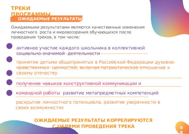 T PE К И  П PO Г P AMMЫ ОЖИДАЕМЫЕ  РЕЗУЛЬТАТЫ Ожидаемыми результатами являются качественные изменения личностного роста  и  мировоззрения  обучающихся  после  проведения  треков, в  том  числе: активное  участие  каждого  школьника  в  коллективной  социально-значимой  деятельности принятие  детьми  общепринятых  в  Российской  Федерации  духовно-нравственных  ценностей,  включая  патриотическое  отношение  к  своему  отечеству получение  навыков  конструктивной  коммуникации  и  командной  работы  развитие  метапредметных  компетенций раскрытие  личностного  потенциала,  развитие  уверенности  в  своих  возможностях ОЖИДАЕМЫЕ  РЕЗУЛЬТАТЫ  КОРРЕЛИРУЮТСЯ С  ЦЕЛЯ М И  ПРОВЕ Д Е НИ Я  Т РЕ К А 08 