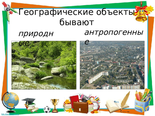 Географические объекты бывают антропогенные природные 