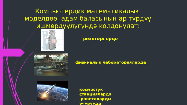 Компьютердик математикалык моделдөө адам баласынын ар түрдүү ишмердүүлүгүндө колдонулат:  реакторлордо физикалык лабораторияларда космостук станцияларда  ракеталарды учурууда 