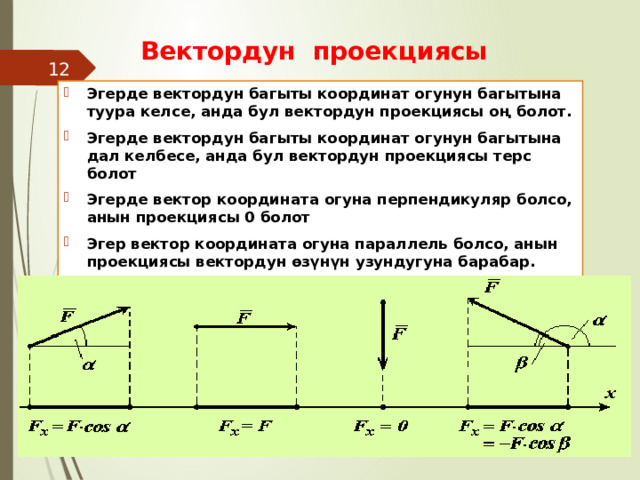 Вектордун проекциясы 7 Эгерде вектордун багыты координат огунун багытына туура келсе, анда бул вектордун проекциясы оң болот. Эгерде вектордун багыты координат огунун багытына дал келбесе, анда бул вектордун проекциясы терс болот Эгерде вектор координата огуна перпендикуляр болсо, анын проекциясы 0 болот Эгер вектор координата огуна параллель болсо, анын проекциясы вектордун өзүнүн узундугуна барабар. 04.09.2013 Плуталов С.Н. МОУ Мальчевская СОШ 