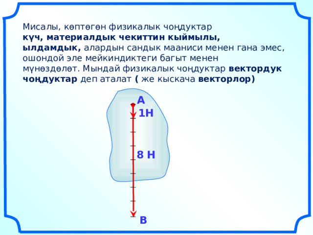 Мисалы, көптөгөн физикалык чоңдуктар күч, материалдык чекиттин кыймылы, ылдамдык,  алардын сандык мааниси менен гана эмес, ошондой эле мейкиндиктеги багыт менен мүнөздөлөт. Мындай физикалык чоңдуктар  вектордук чоңдуктар  деп аталат  (  же кыскача  векторлор) A 1Н 8 Н «Геометрия 7-9» Л.С. Атанасян и др. В 4 